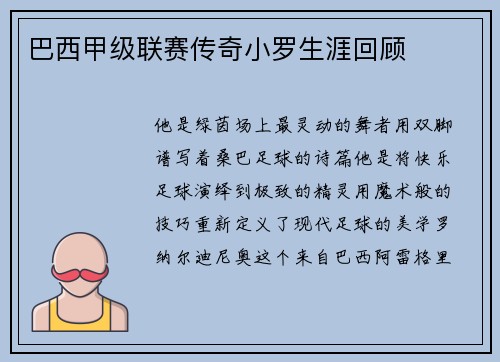 巴西甲级联赛传奇小罗生涯回顾