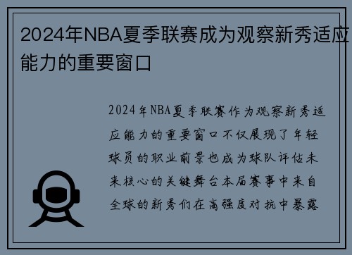 2024年NBA夏季联赛成为观察新秀适应能力的重要窗口